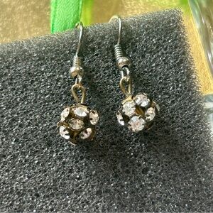 White Rhinestone Ball Drop Earrings Gold Tone